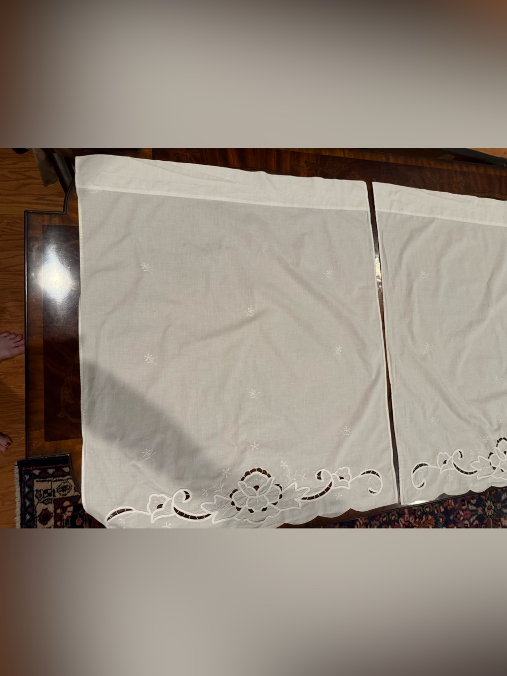 Curtains crisp white with cutwork, embroidery, and laidwork.  Vintage cotton set